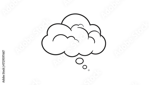 A stylized, black cloud-like shape, outlined in white, with a smaller thought bubble extending from its bottom.  A speckled, faint, multicolored effect within the cloud