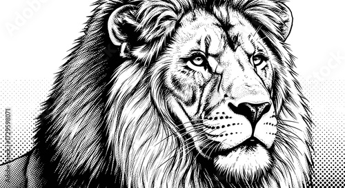 Majestic lion portrait in black and white, showcasing intricate details of its mane and facial features