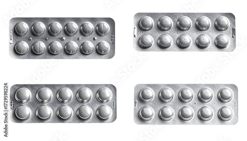 Four blister packs of round, white pills in a metal-like material. Each pack holds several pills, arranged in a grid pattern.  The packs vary slightly in the number of pills per row