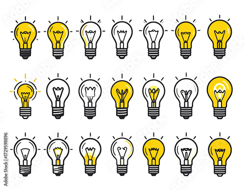 Lightbulb icons in various stages of illumination.  Different lightbulb designs, from basic to more complex representations of light