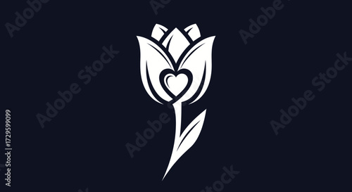 Elegant White Tulip with Heart Symbol Minimalist Design.