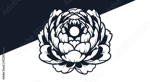 Detailed black and white peony flower design.
