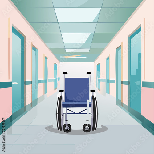 A blue wheelchair sits in the middle of a long, empty hospital corridor with doors on either side.