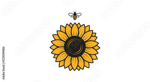 Sunflower and bee illustration a vibrant depiction of natures beauty and pollination.