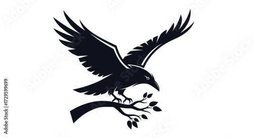 Black crow with spread wings perched on a tree branch.