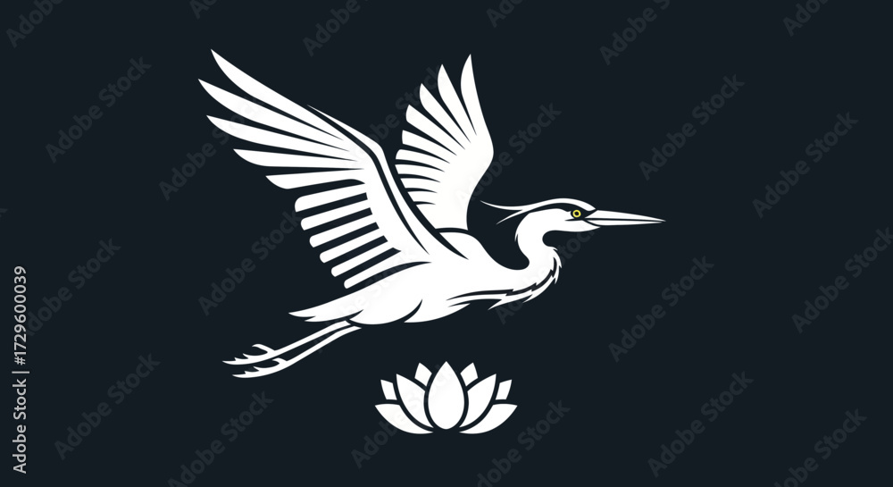 Fototapeta premium Elegant Heron in Flight with Lotus Flower Design.