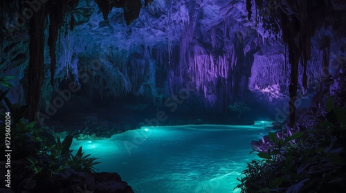 Mystical Cave Pool Illuminated with Vibrant Colors