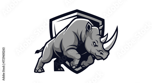 Charging Rhino Mascot with Shield Emblem in Dynamic Pose.