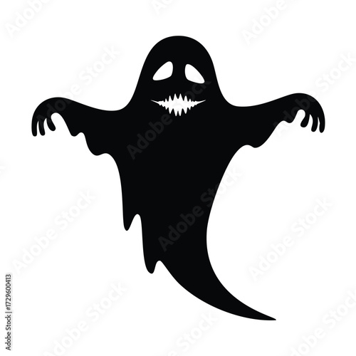 Black Silhouette Ghost with Grinning Mouth and Wide Eyes