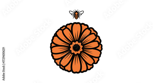 Orange Flower and Bee Illustration.