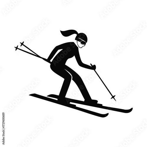 Black silhouette of a female skier in motion Keywords: skier, skiing, winter, sport, recreation