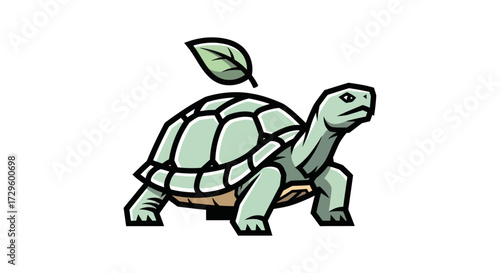 Green turtle with leaf on shell walking forward on white background.
