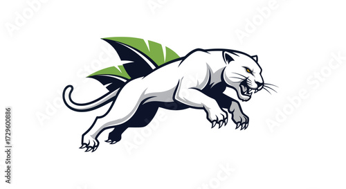 White Panther Leaping Dynamic Jungle Leaves Illustration.