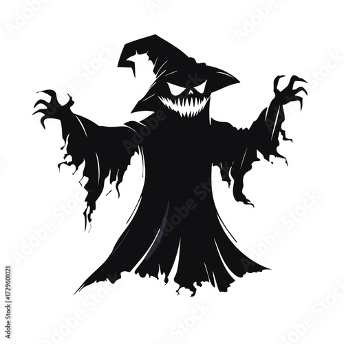 Black Silhouette of a Scary Ghost in a Witch Hat specter