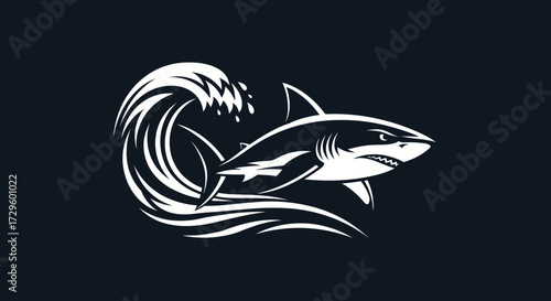 Stylized monochrome shark swimming through a powerful ocean wave.