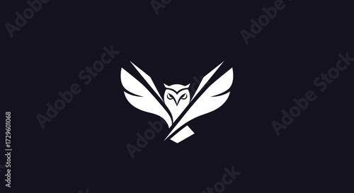 Modern minimalist owl logo with feather quill wings.