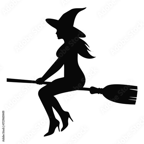 Black silhouette of a witch flying on a broomstick Keywords: witch, silhouette, black, flying