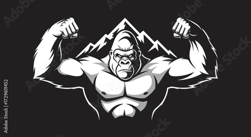 Strong gorilla flexing muscles with mountain background in black and white.