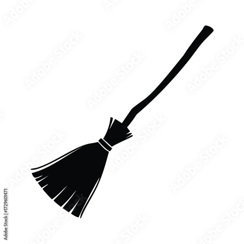 Black Silhouette of a Witch's Broom on White Background