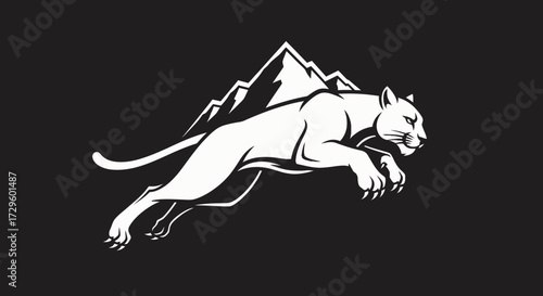 Majestic leaping panther silhouette against mountain backdrop in monochrome design.