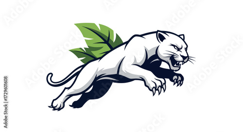 Leaping White Panther with Tropical Leaves.