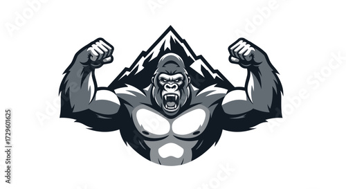 Powerful gorilla flexing muscles with mountain background strong animal.