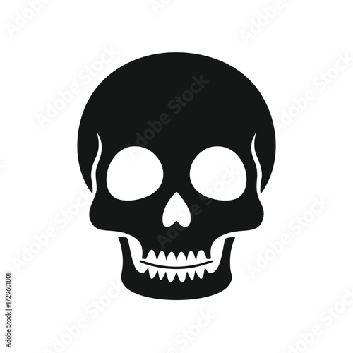 Black skull silhouette with empty eye sockets on white background Keywords: skull, skeleton