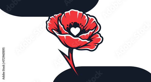 Red poppy flower with heart shaped center artistic illustration beautiful design.