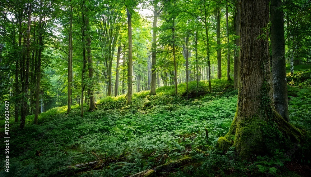 Fototapeta premium Lush Green Forest Landscape With Tall Trees And Dense Foliage