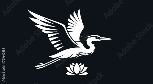 Elegant white heron in flight above a lotus flower logo.