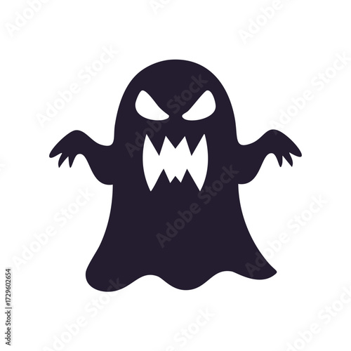 Dark ghost silhouette with menacing grin on white background Keywords: ghost, halloween, scary
