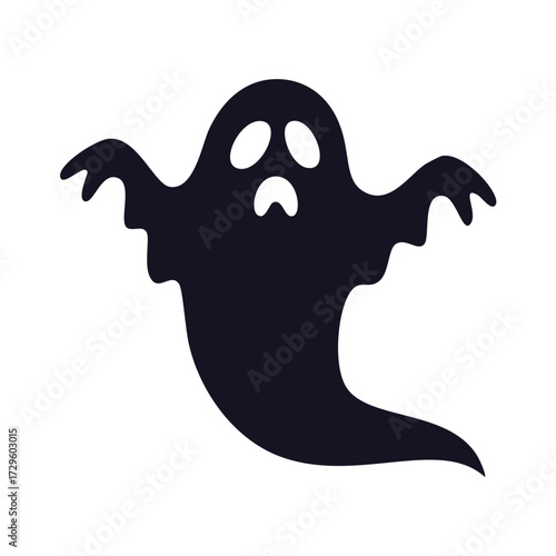 Dark Silhouette Ghost with Spooky Face on White Background
