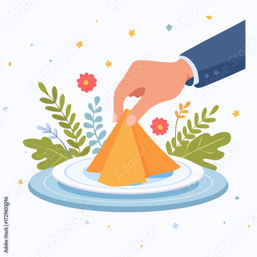 Hand Serving Golden Triangular Food On White Plate With Floral And Leafy Decorations On Light Background