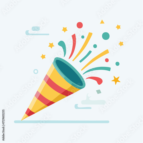 Festive Celebration Party Popper Illustration with Colorful Streamers and Stars against a Light Background