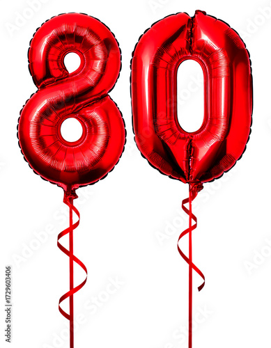 数字の80の形の赤色の風船とリボン（Number 80 red foil balloon on white background）
