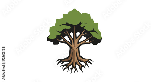 Detailed illustration of a majestic tree with lush green foliage and strong roots.