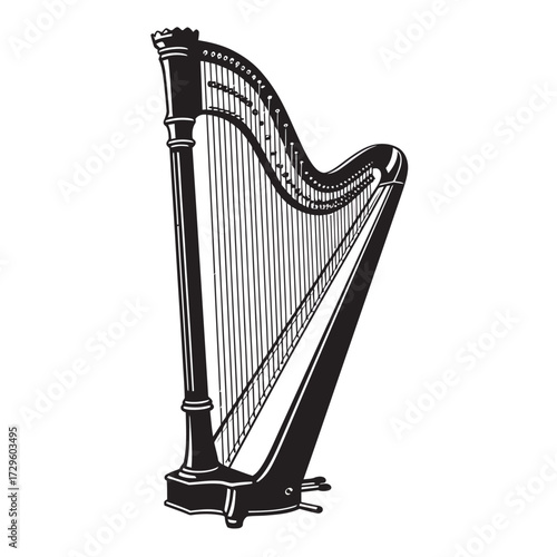 black and white silhouette of a harp vector on a white background