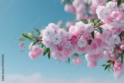 Macro Shot of Pink Cherry Blossoms Against a Sky Blue Background with Soft Lighting Detailed Petals and Green Leaves
