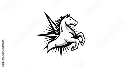 Majestic white horse rearing with lightning bolt emblem design.