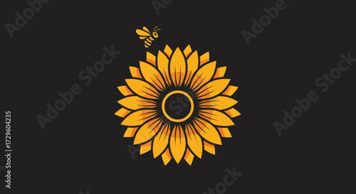 Vibrant Sunflower and Bee Graphic Illustration Art.