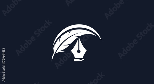 Elegant Quill and Ink Nib Logo Design in White on Dark Blue.