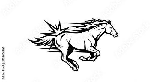 Dynamic black and white illustration of a running horse.
