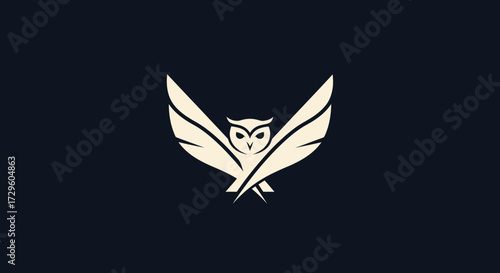 Creative logo design of a wise owl with quill pen wings.