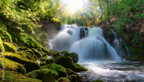 Majestic Waterfall Cascading Over Mossy Rocks Sunlight Illuminating The Falling Water Creating A Shimmering Effect The Vibrant Green Foliage Surrounds The Powerful Flow River Mist Environment