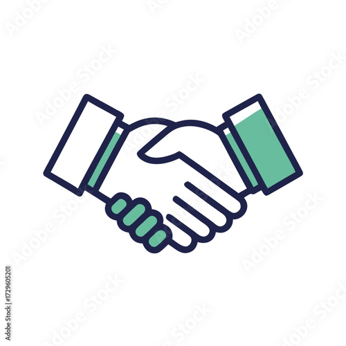 Successful partnership represented by a modern handshake icon, conveying agreement, collaboration, and trust for corporate businesses in teal and navy