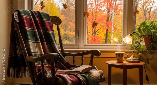 Fototapeta Naklejka Na Ścianę i Meble -  Comforting autumn retreat a cozy chair, book, and warm drink by a window with fall colors