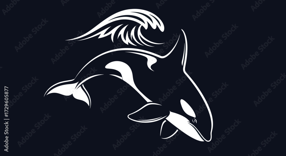 Naklejka premium Striking Orca Illustration with Wave Detail on Dark Background.