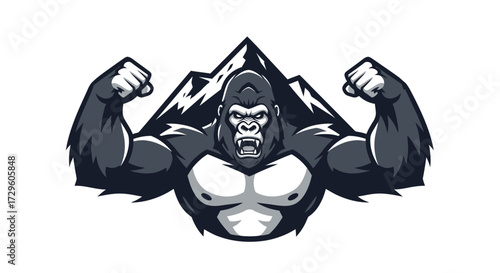 Powerful Muscular Gorilla Flexing Biceps Strong Animal Mascot.