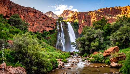 Scenic waterfall cascading down red rock canyon