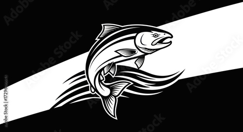 Stylized black and white fish leaping dynamically over water waves.